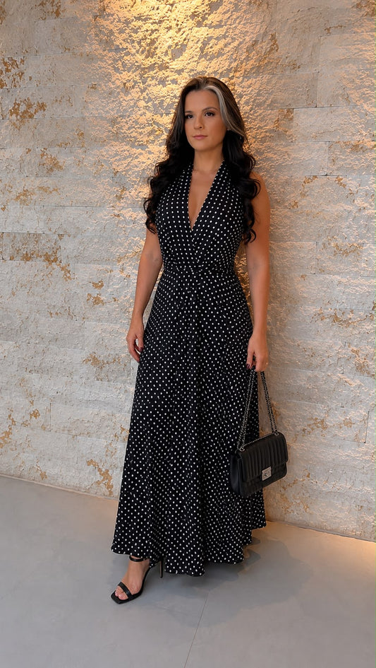 Vestido Longo Frente Única Poá- Preto 5909