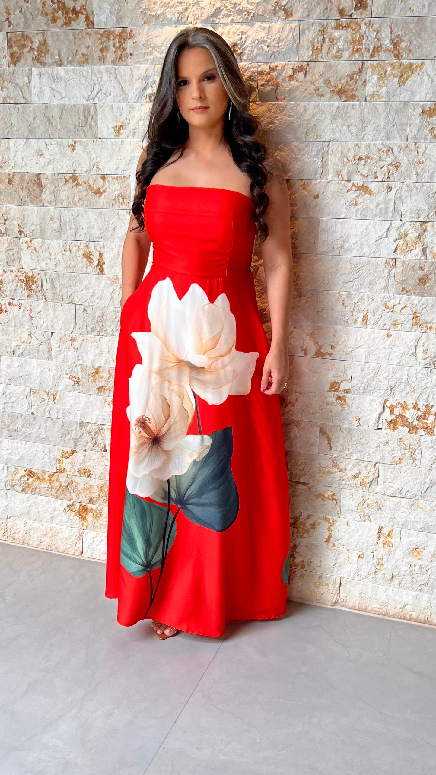 Vestido Longo Tomara Que Caia Flor POLI- Vermelho 6045