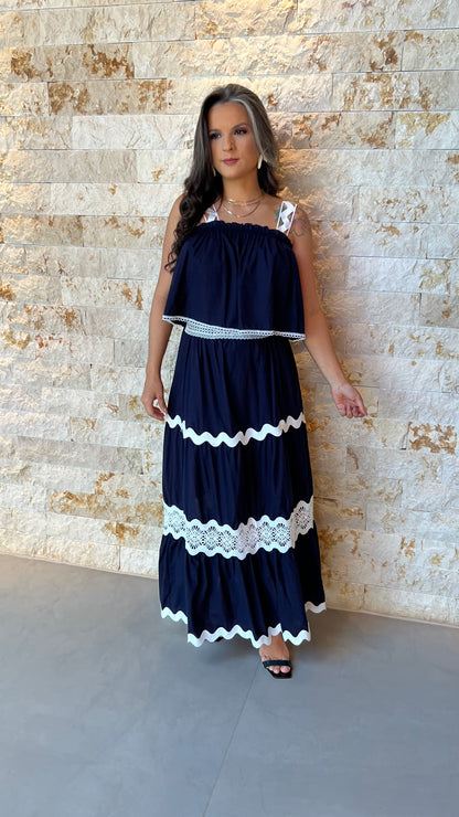 Conjunto Saia e Cropped Bor Det Guipir EAG- Azul Marinho 5907