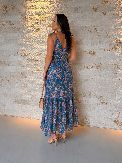 Vestido Midi Chiffon Seda PIS- Estampado Azul 5903