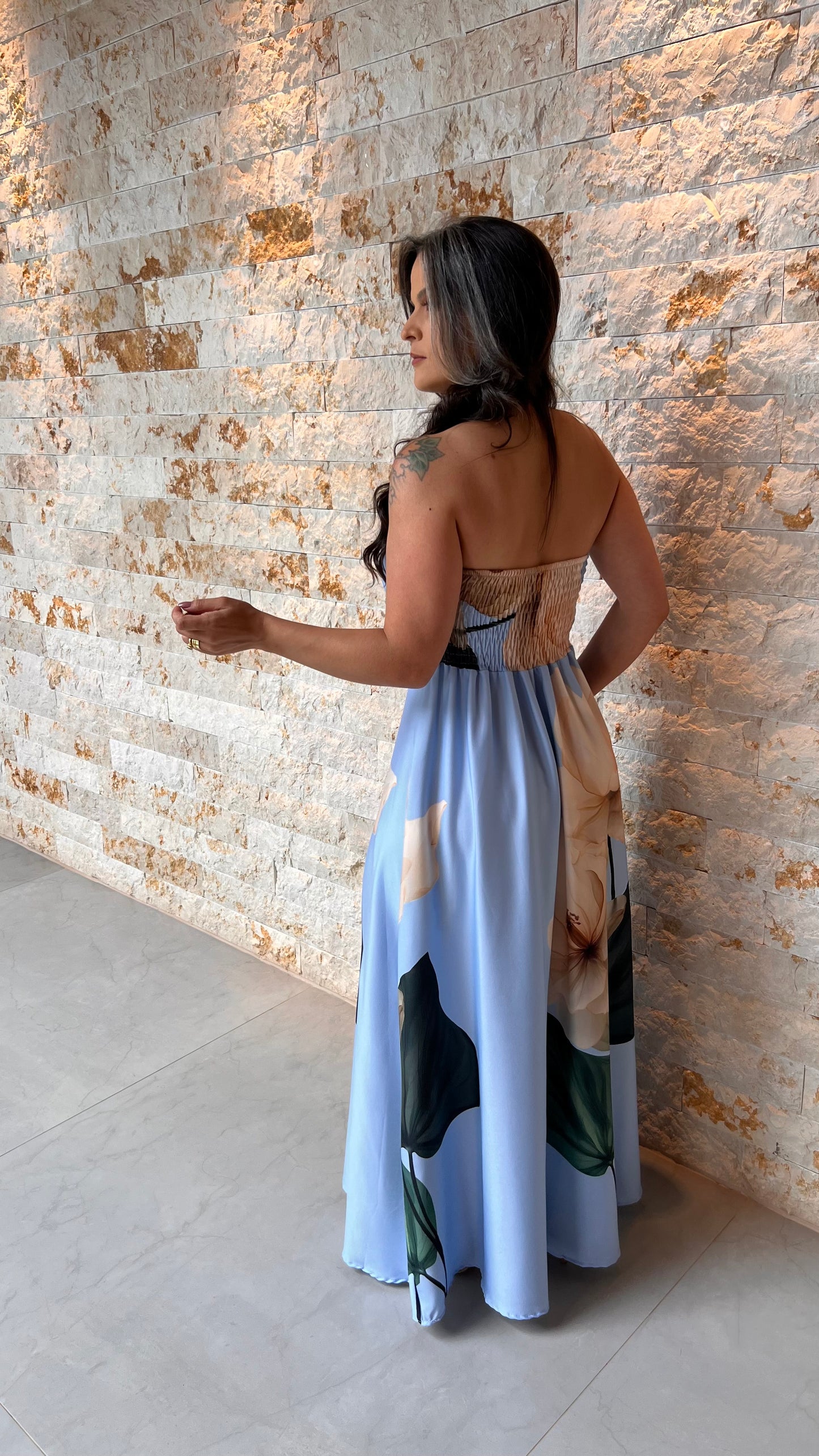 Vestido Longo Tomara Que Caia Flor POLI- Azul 6045