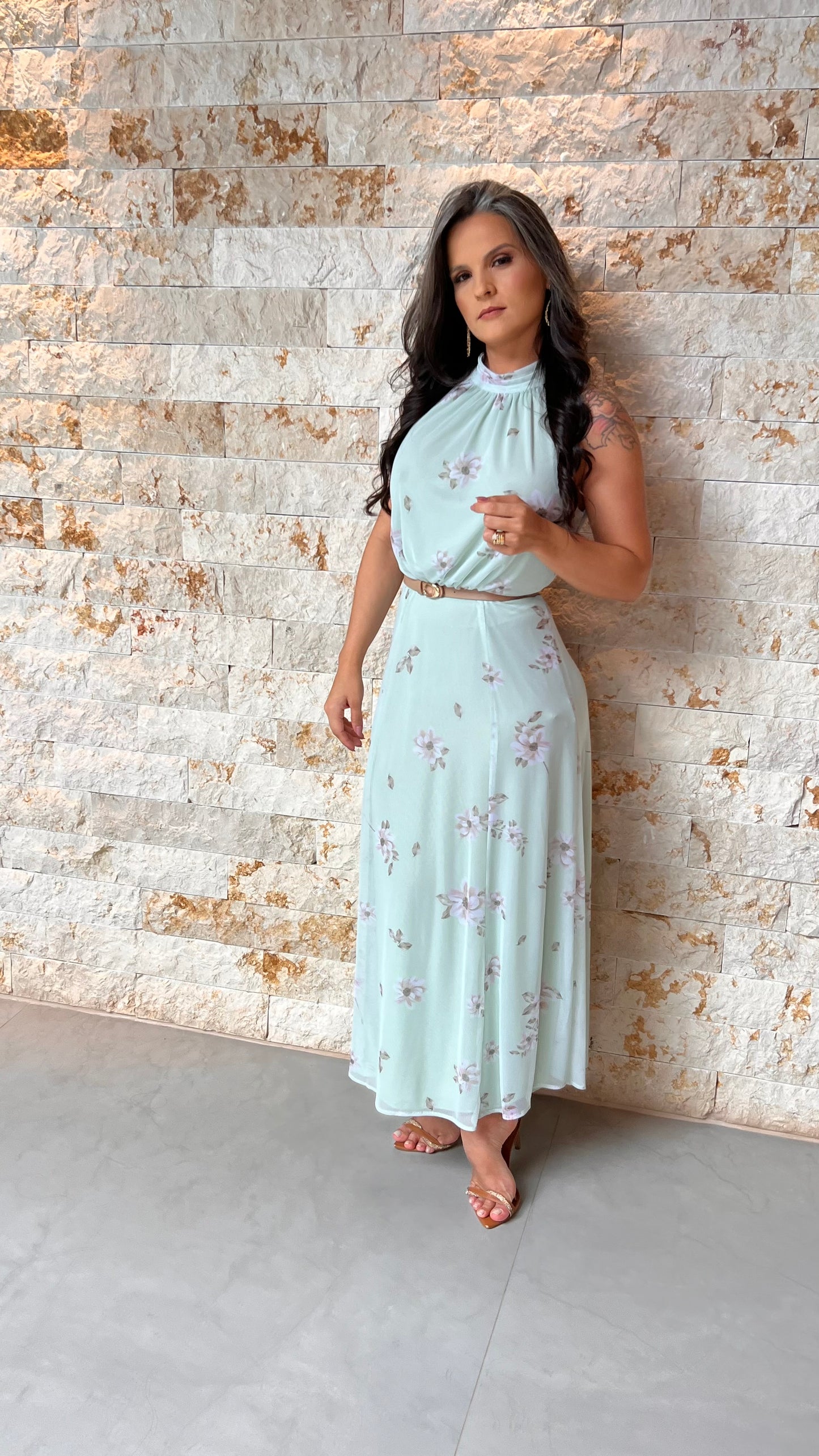 Vestido Midi Tule Florido PIS- Verde 6040