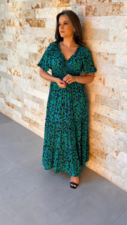 Vestido Longuete Lastex Folhas Verdes PIS - Estampado 5289