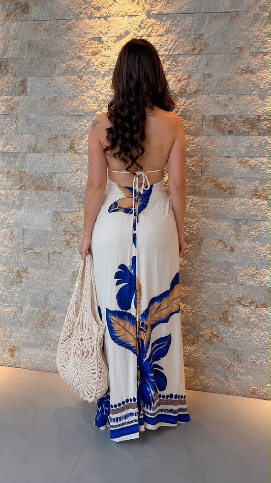 Vestido Longo Busto Crochê Flor Azul Grande ARTE- Estampado 5440