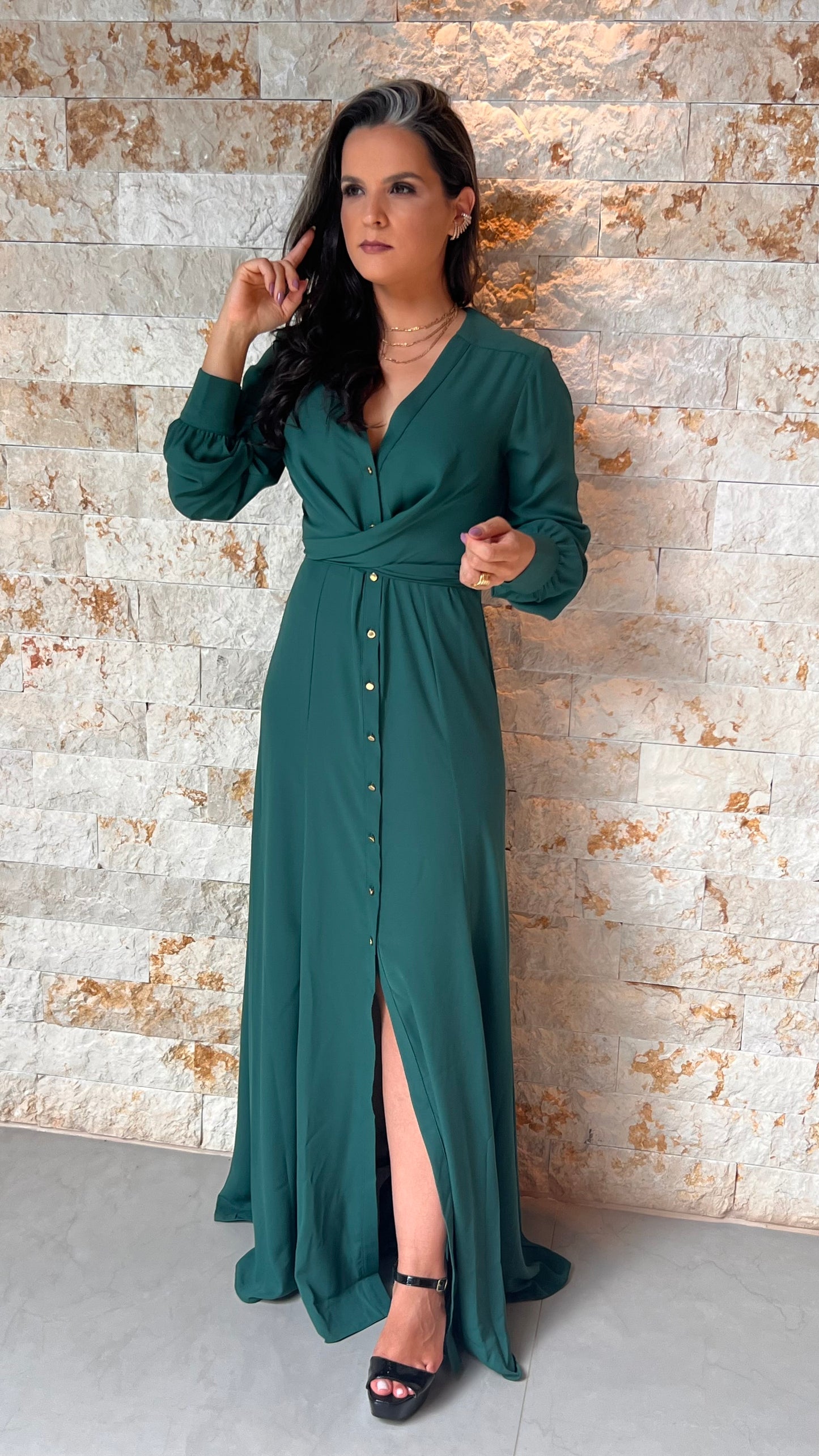 Chemisse Longa Amarração na Cintura - Liso Verde 4056
