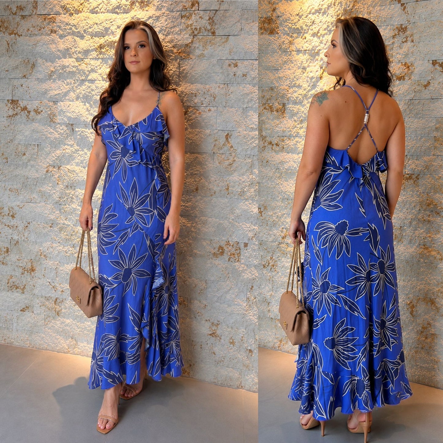 Vestido Midi Babado Decote PIS- Estampado 6042