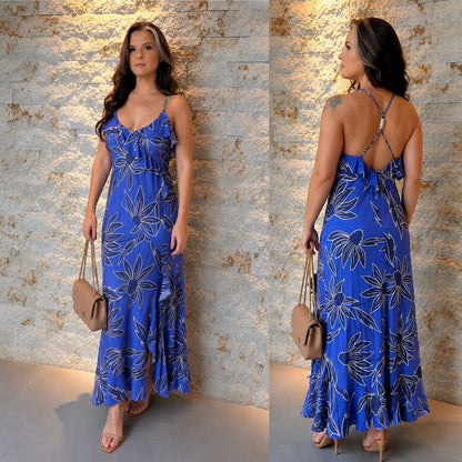 Vestido Midi Babado Decote PIS- Estampado 6042