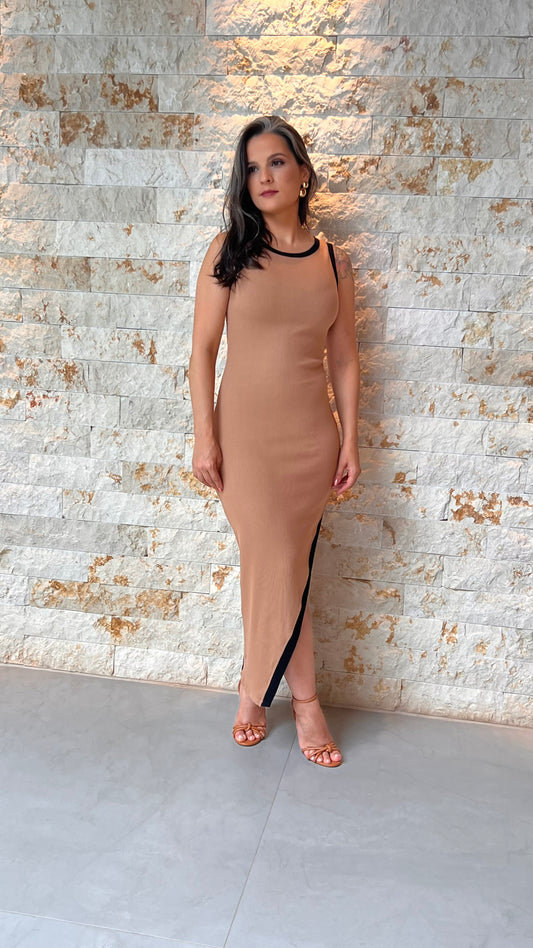 Vestido Regata Midi Malha Canelada Bicolor - Liso Nude 5484