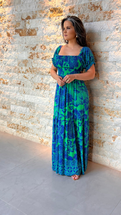 Vestido Longo Lastex Amarração - Estampado Azul 4987