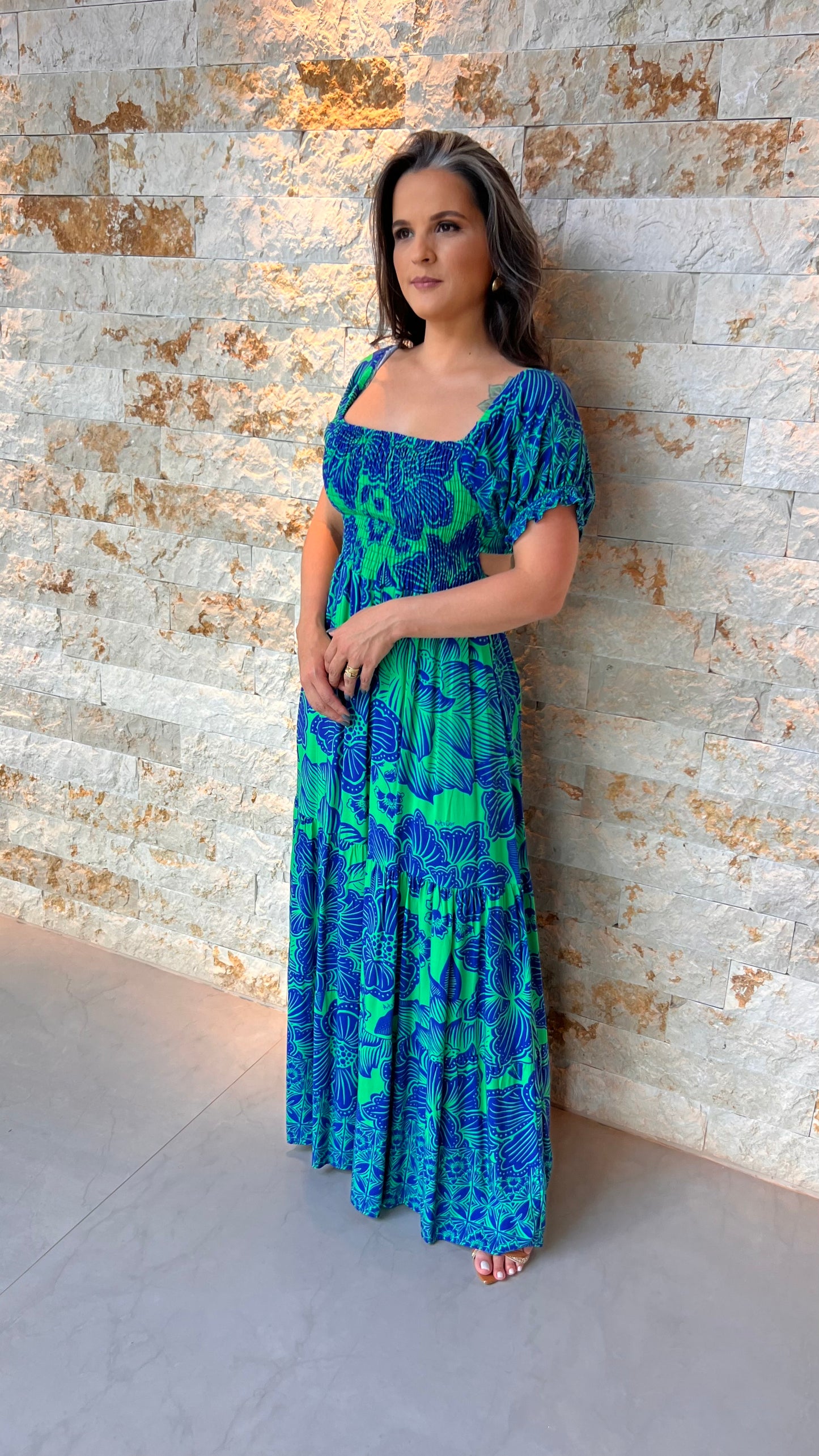 Vestido Longo Lastex Amarração - Estampado Azul 4987