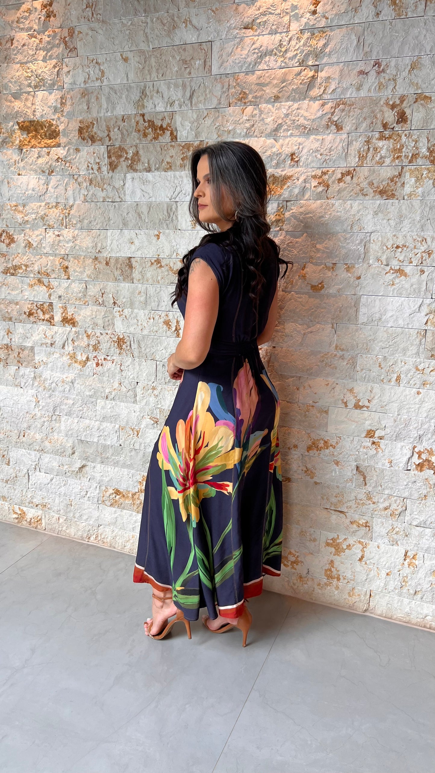 Vestido Midi Prespontado Barra Laranja PIS- Estampado 6041