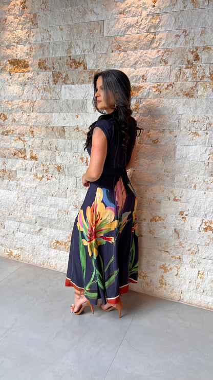 Vestido Midi Prespontado Barra Laranja PIS- Estampado 6041