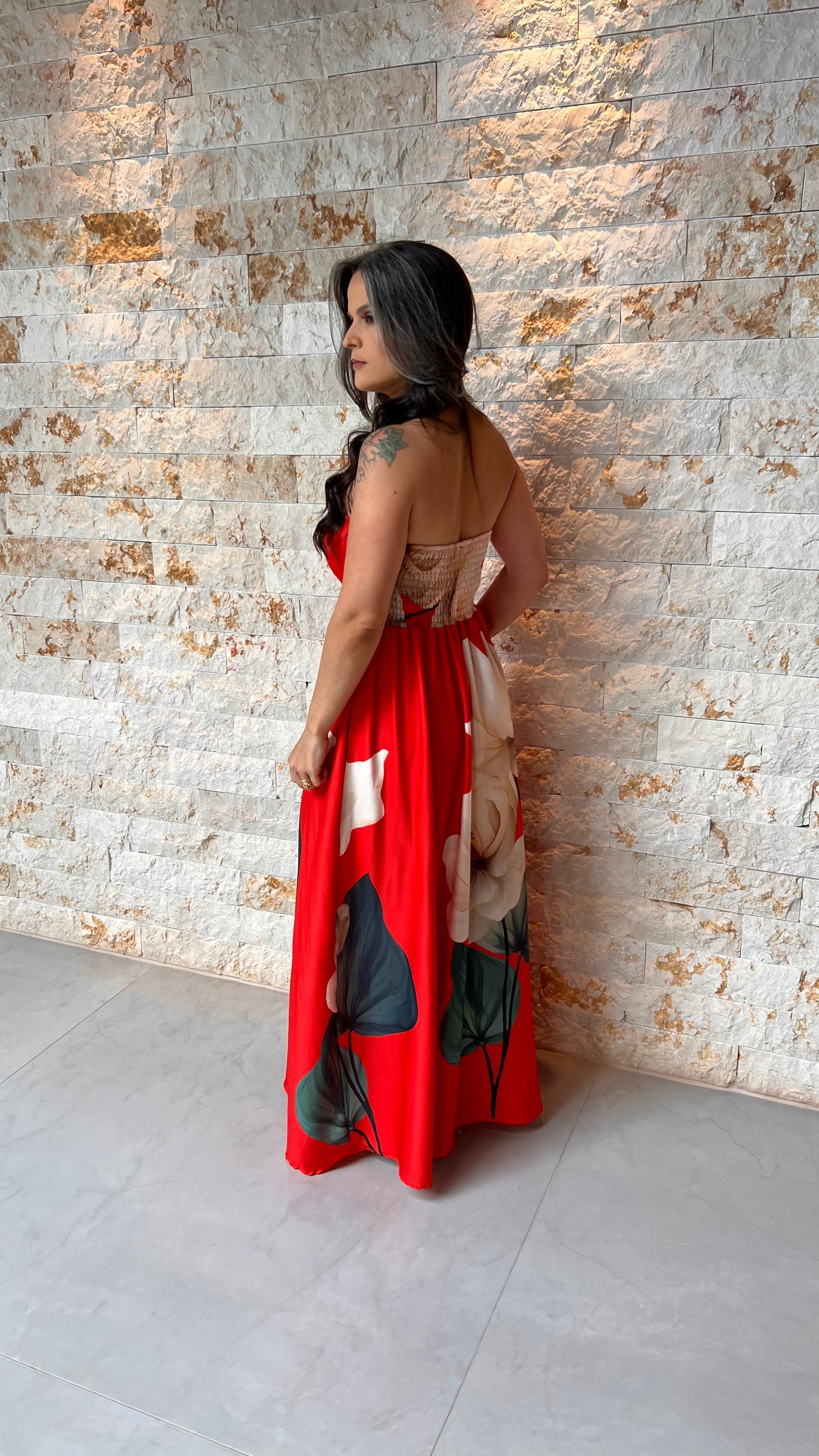 Vestido Longo Tomara Que Caia Flor POLI- Vermelho 6045