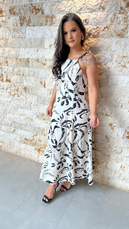 Vestido Midi Alça Fivela ALO- Estampado Branco 5928