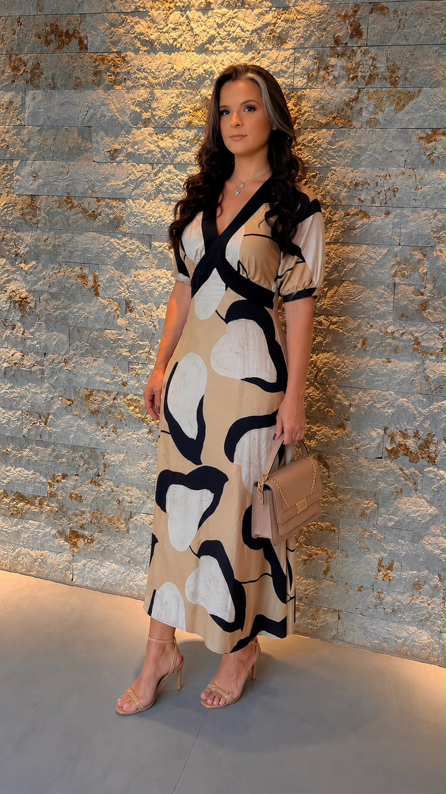 Vestido Mid Dec V Detalhe Preto PIS- Estampado 6160