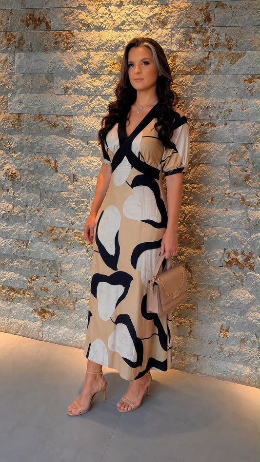 Vestido Mid Dec V Detalhe Preto PIS- Estampado 6160