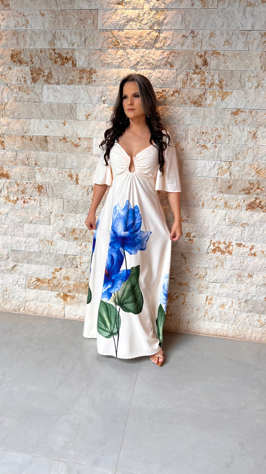 Vestido Longo Manga Buf Dec U POLI- Estampado 6058