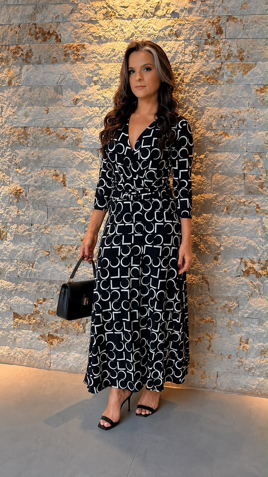 Vestido Midi Manga Cinto Jersey - Estampado P e B 5052