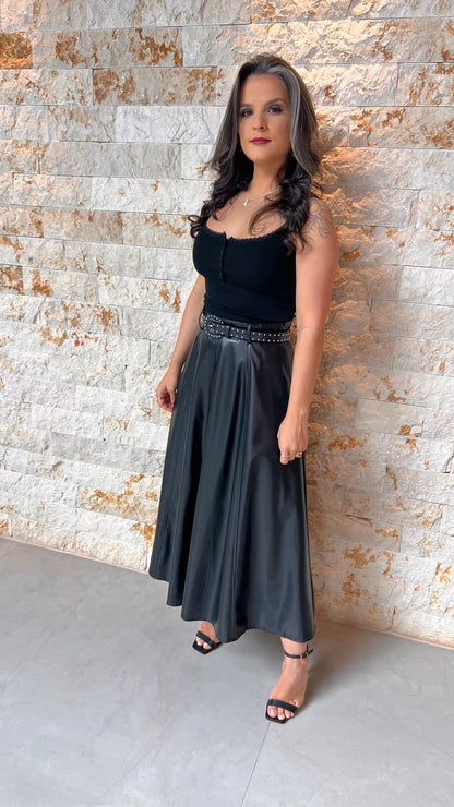 Saia Midi Couro Cinto EAG- Preto 5724