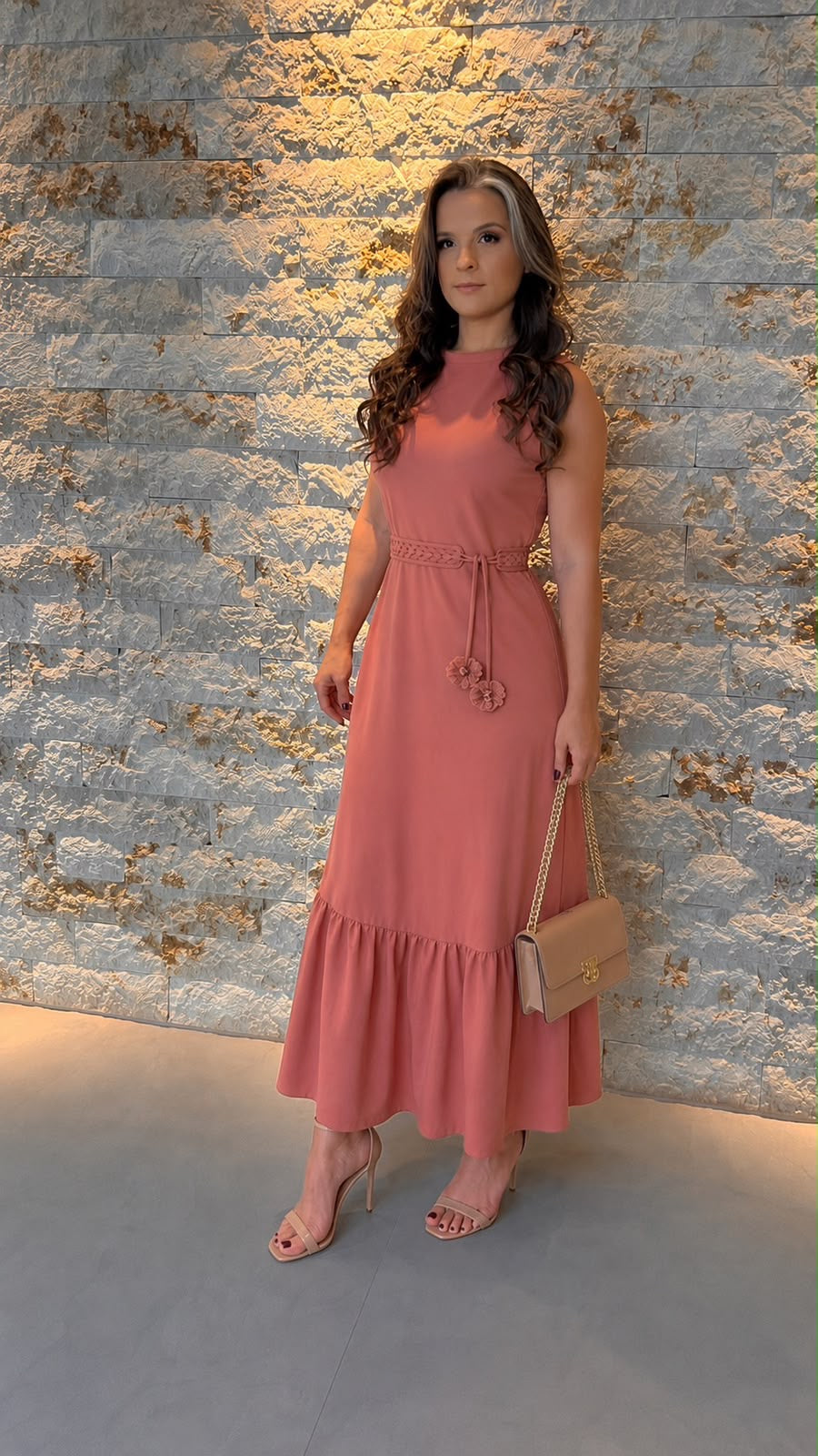 Vestido Midi Cinto Flor PIS- Rosa 6328