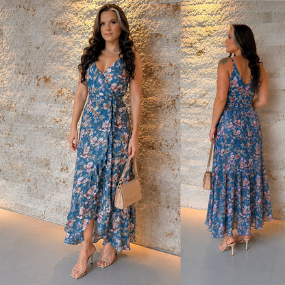 Vestido Midi Chiffon Seda PIS- Estampado Azul 5903