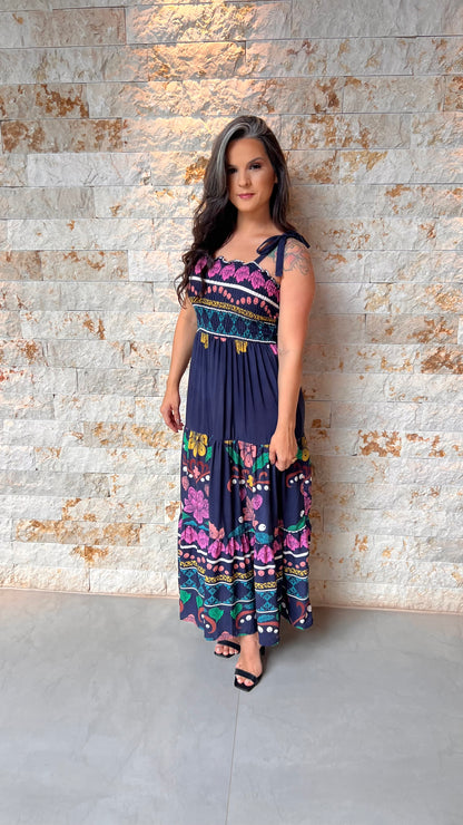 Vestido Midi Lastex Amarração Ombro PIS- Estampado 6001