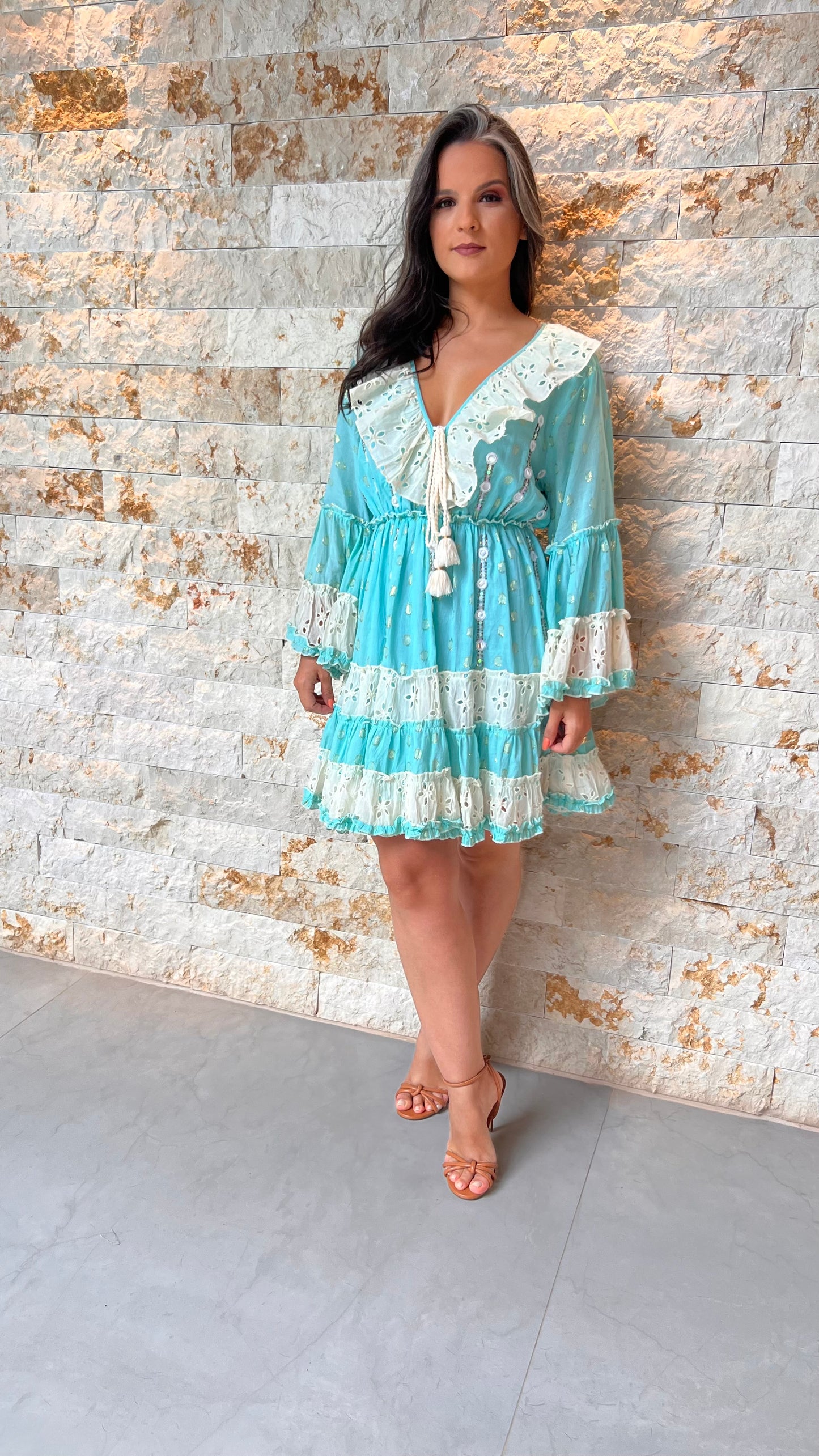 Vestido Curto Boho Babado Poli Bicalho- Azul 5530