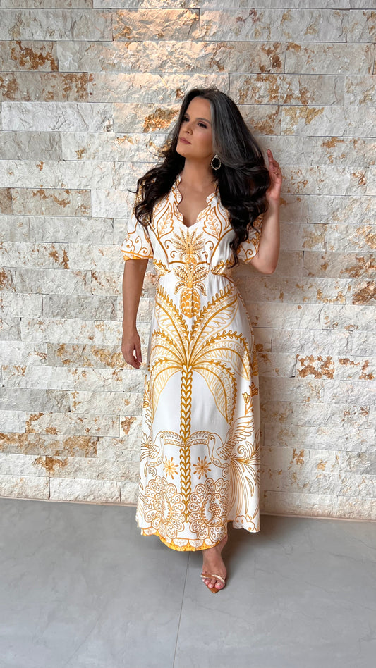 Vestido Longo Dec Azulejo POLI- Estampado Amarelo 6034