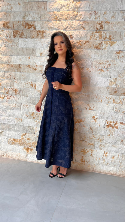Vestido Midi Tec Trabalhado PIS- Azul Marinho 5961