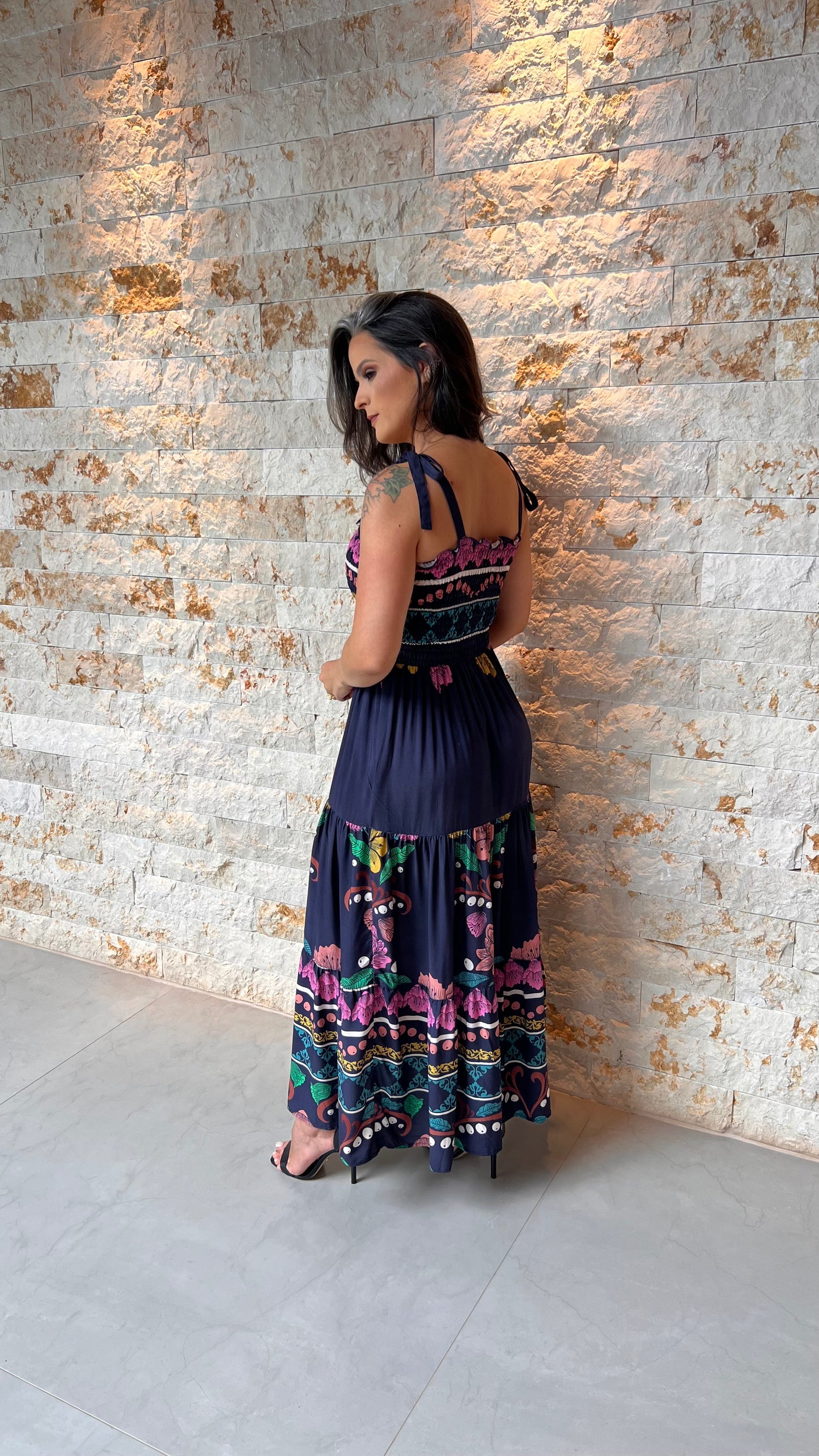 Vestido Midi Lastex Amarração Ombro PIS- Estampado 6001