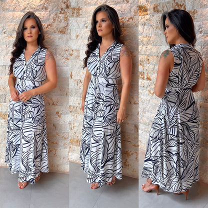 Vestido Midi Cinto Folhagem Azul PIS- Estampado 6002