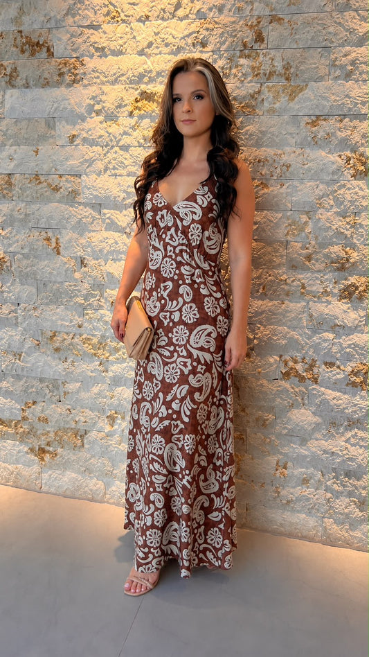 Vestido Midi Alça Fina Flores Marrom PIS- Estampado 6075