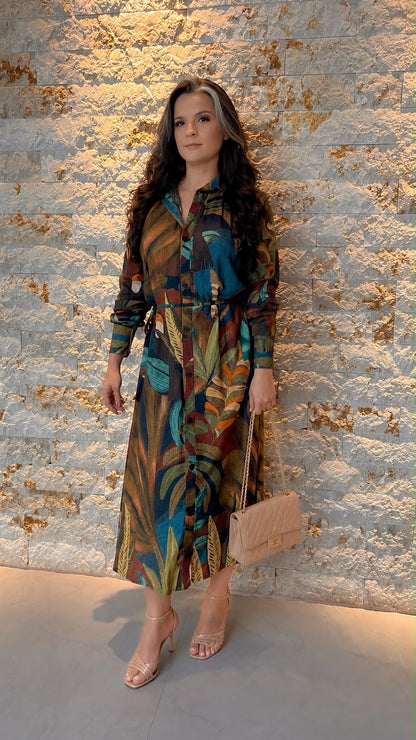 Vestido Chemisse Manga Longa Folhagem ARTE- Estampado 5753