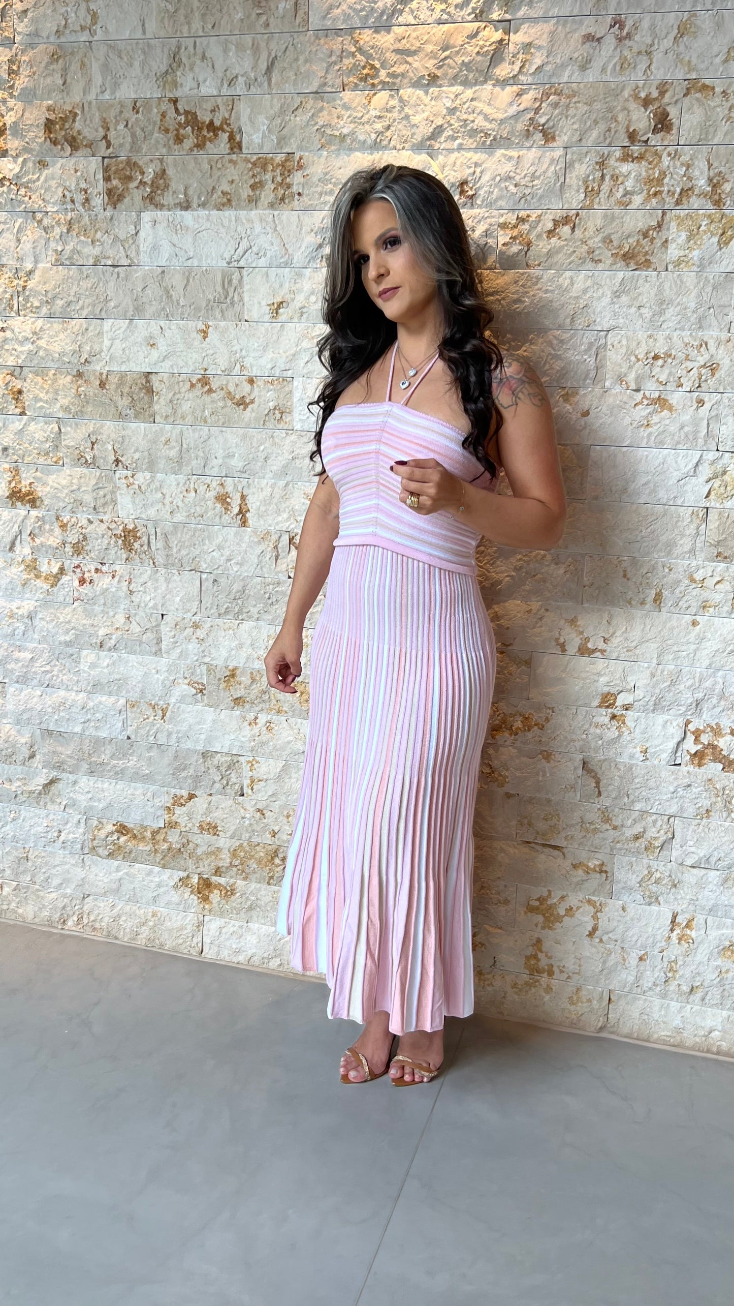 Vestido Midi Tricô Plissado Diag Poli- Rosa 5947
