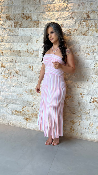 Vestido Midi Tricô Plissado Diag Poli- Rosa 5947
