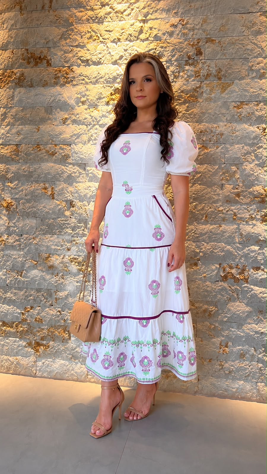 Vestido Mídi Manga Princesa Bordado FRAN- Estampado Roxo 6053