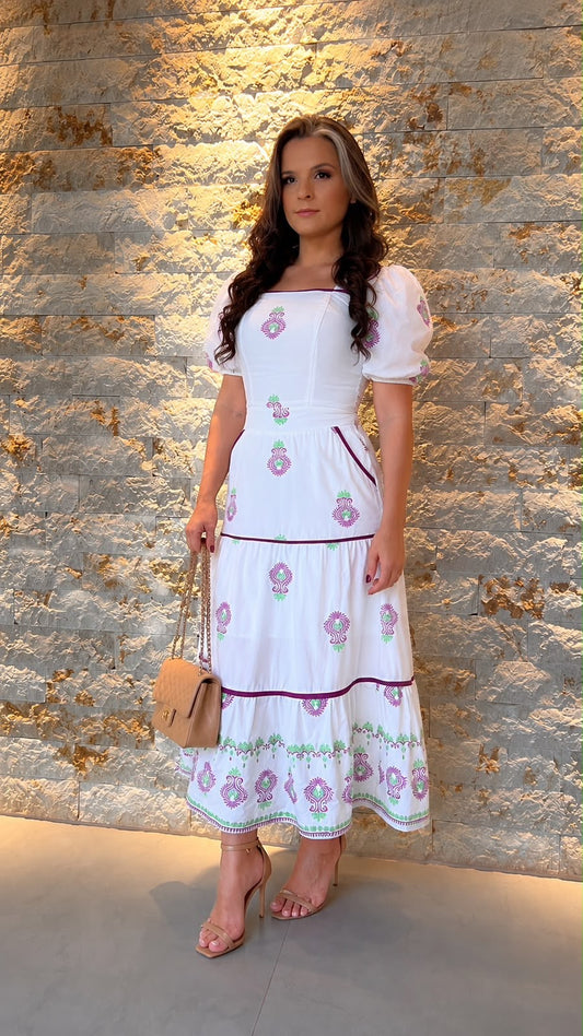 Vestido Mídi Manga Princesa Bordado FRAN- Estampado Roxo 6053