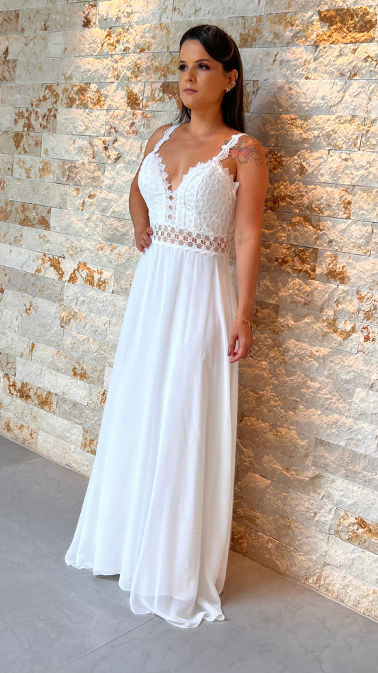 Vestido Noiva Longo Musseline Renda - Branco Off White 5127