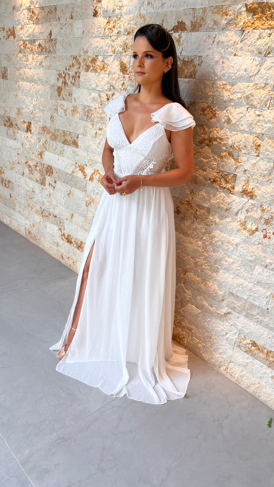 Vestido Noiva Longo Chiffon Seda Doce - Branco/ off White 5128