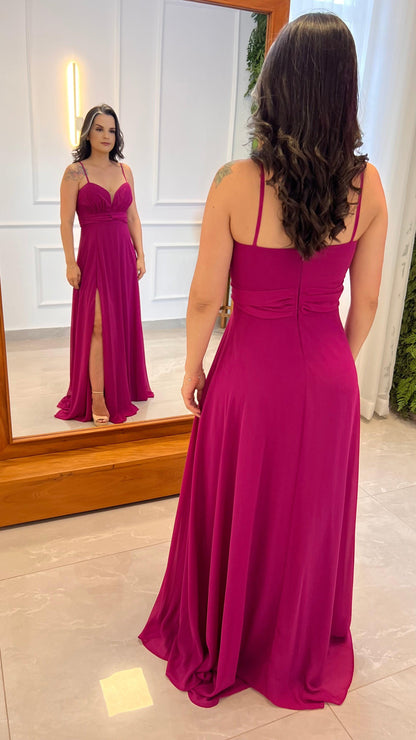 Vestido Longo Festa Drapeado Busto - Fucsia 4864