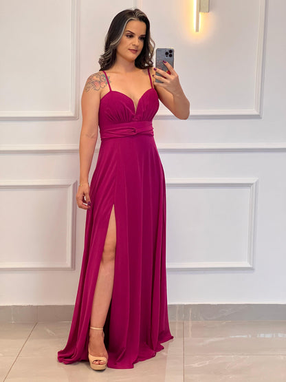 Vestido Longo Festa Drapeado Busto - Fucsia 4864