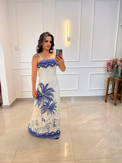 Vestido Longo Coqueiro Azul - Estampado 4856