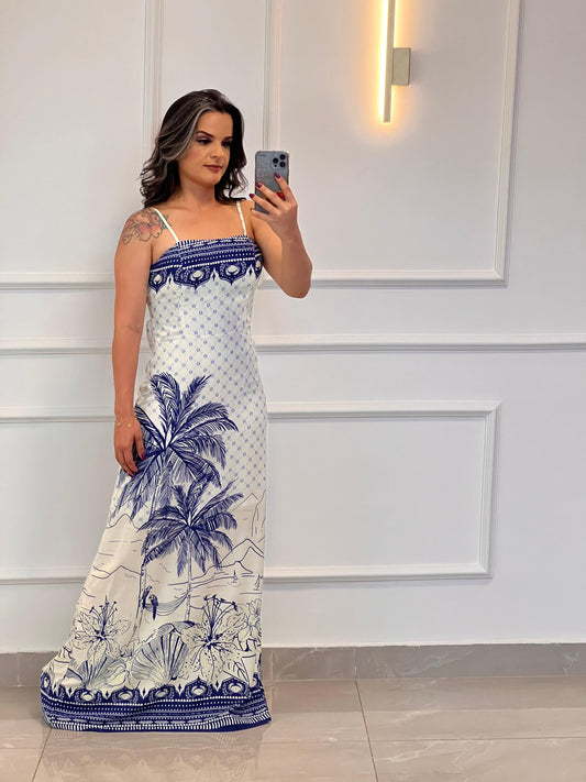 Vestido Longo Coqueiro Azul - Estampado 4856