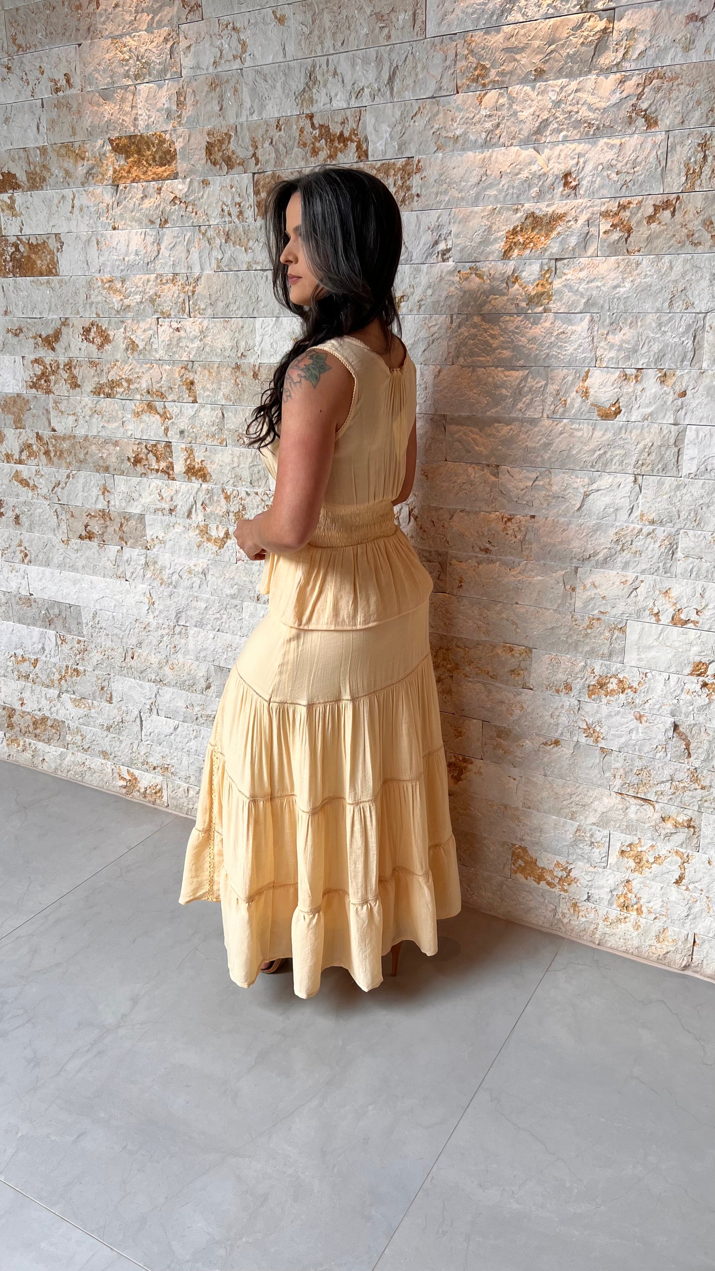 Conjunto Saia Midi Drapiado Busto PIS- Amarelo 5994