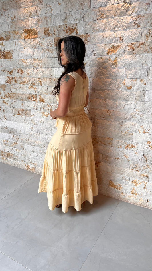 Conjunto Saia Midi Drapiado Busto PIS- Amarelo 5994