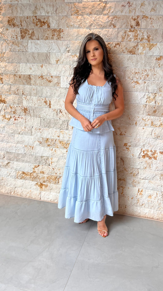 Conjunto Saia Midi Drapiado Busto PIS- Azul 5994