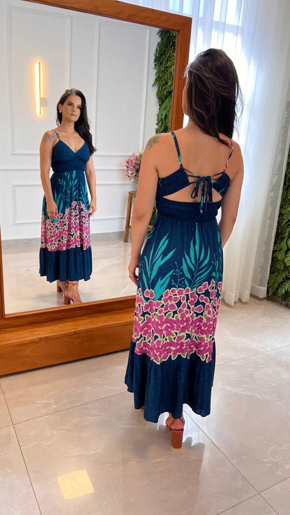 Vestido Midi Alça Elástico e Busto - Azul Estampado 4968