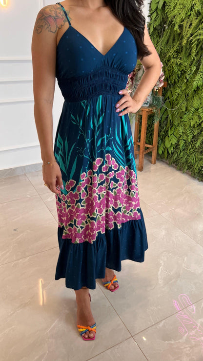 Vestido Midi Alça Elástico e Busto - Azul Estampado 4968