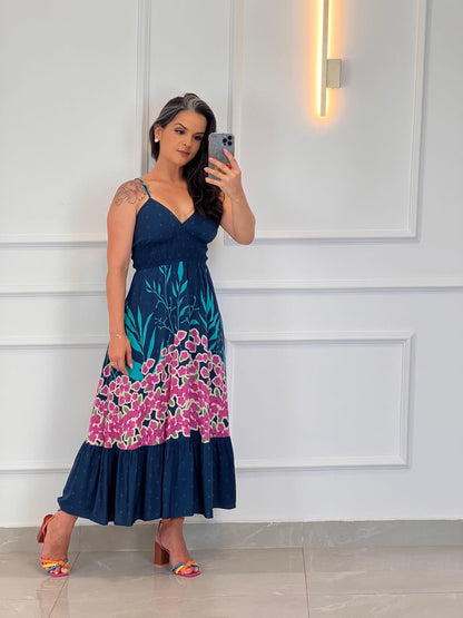 Vestido Midi Alça Elástico e Busto - Azul Estampado 4968