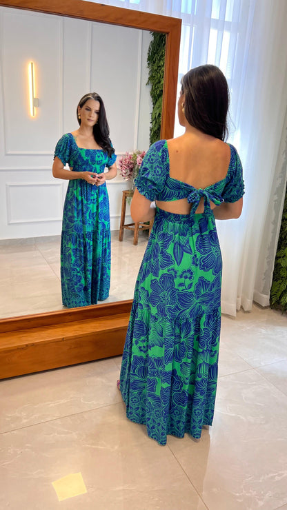 Vestido Longo Lastex Amarração - Estampado Azul 4987